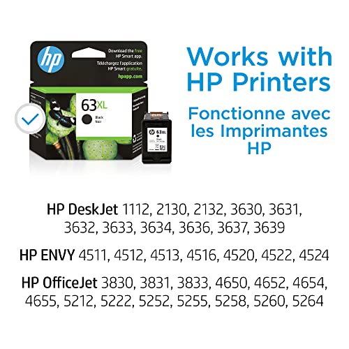 Original HP 63 Black Ink Cartridge | Works with HP DeskJet 1112, 2130, 3630 Series; HP ENVY 4510, 4520 Series; HP OfficeJet 3830, 4650, 5200 Series | Eligible for Instant Ink | F6U62AN