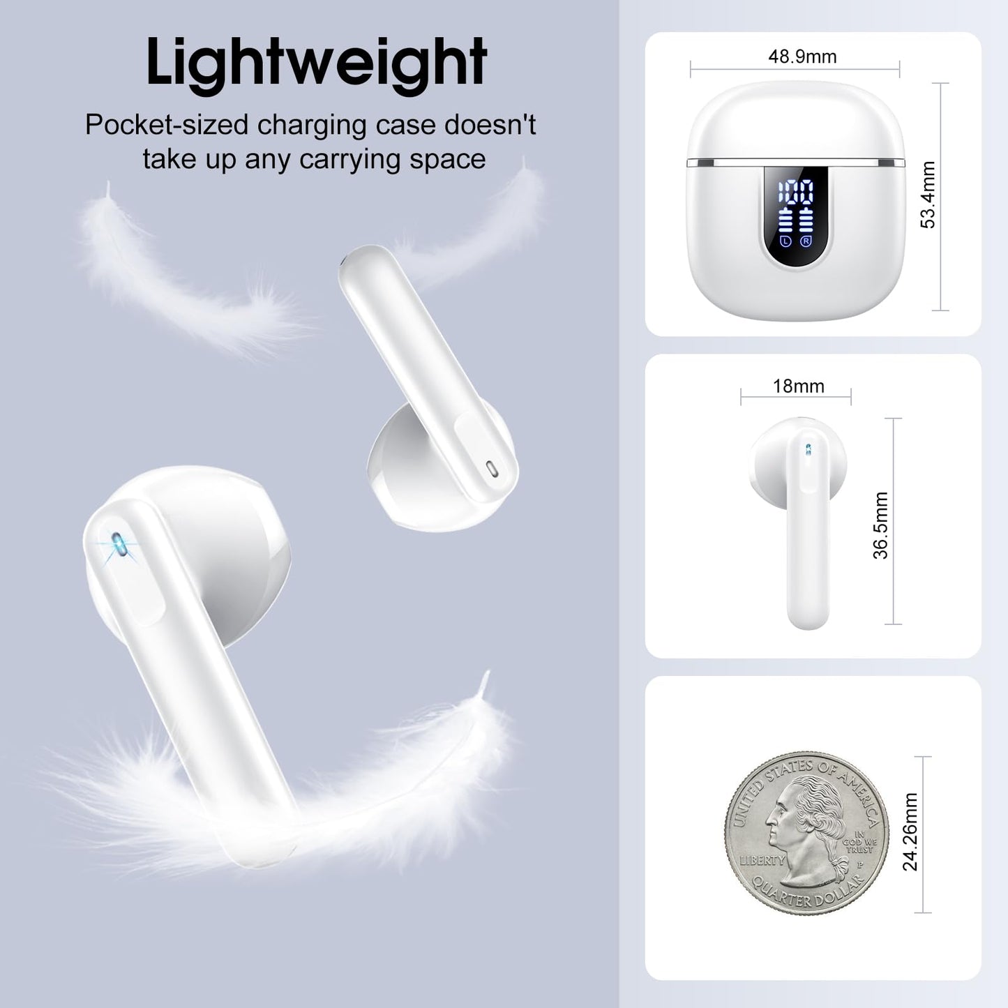 Wireless Earbuds, Bluetooth Ear Buds 5.4 Mini HiFi Stereo with 4 ENC Noise Cancelling Mics Wireless Headphones, 40H in Ear Earphones, USB C, IP7 Waterproof Bluetooth Headphones for Sports, Workout