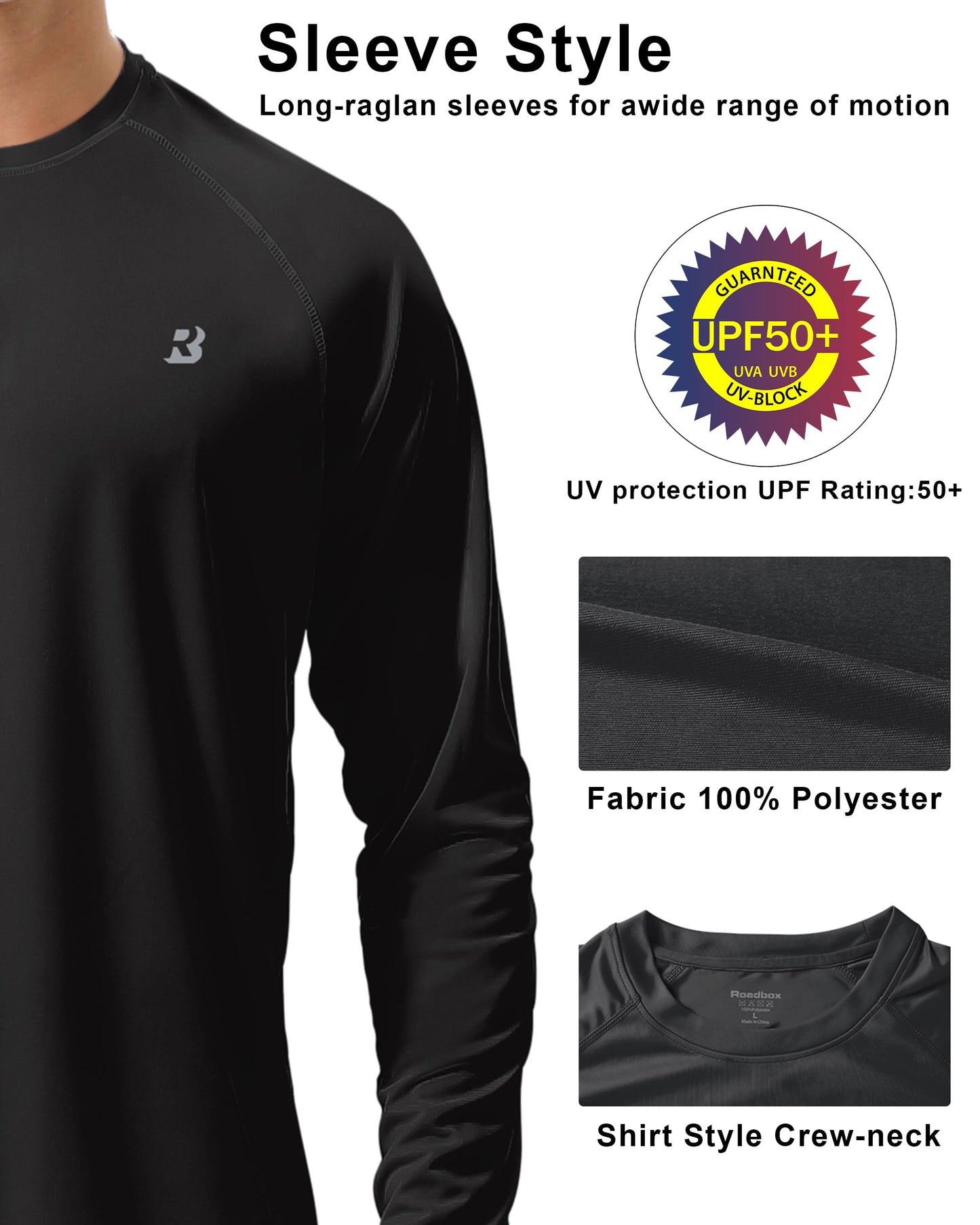 Roadbox Men's Sun Protection Swim Shirts Long Sleeve, UV UPF 50+ T-Shirt Quick Dry, Athletic Rash Guard for Watersport Fishing Hiking Workout Dark Gray