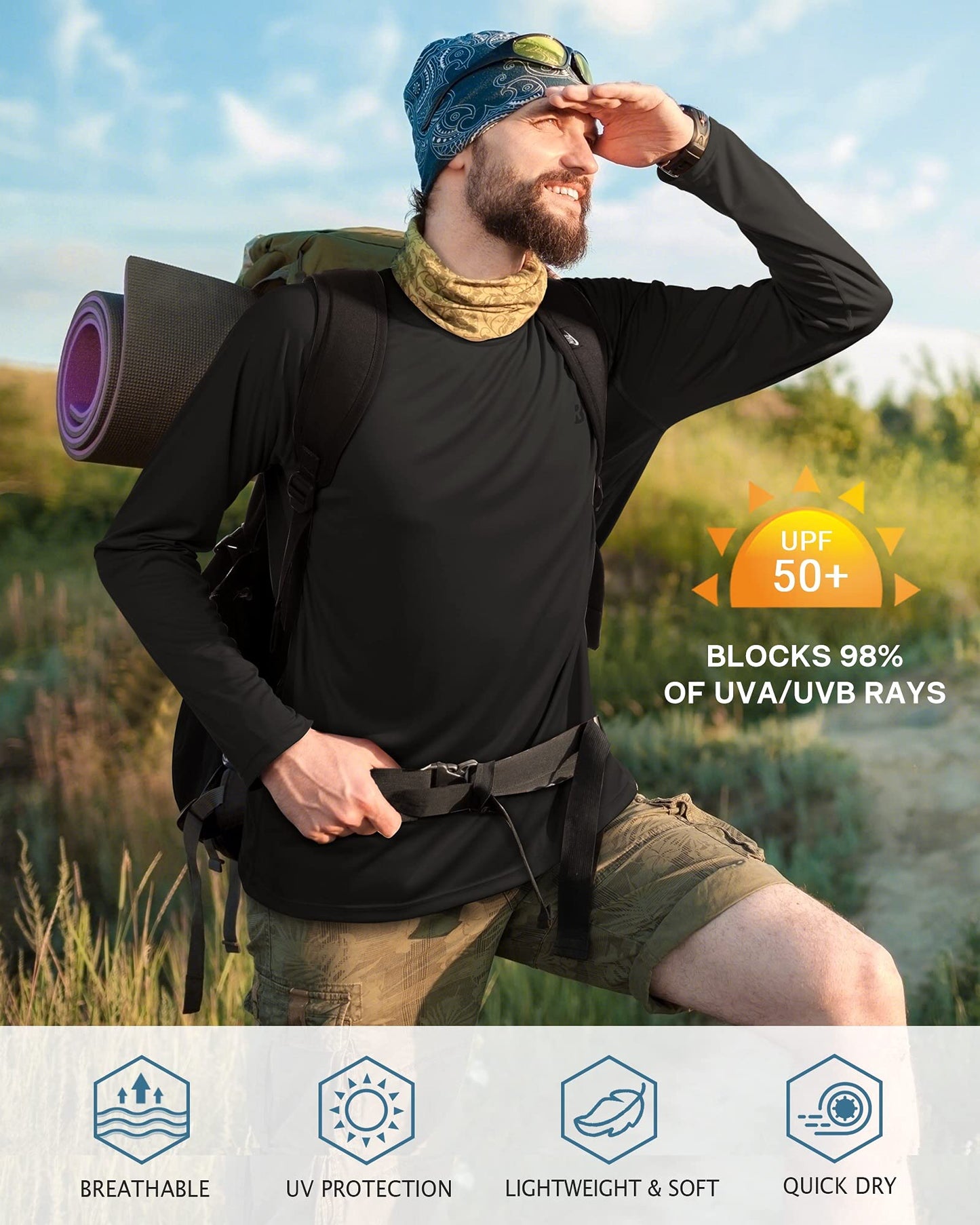 Roadbox Men's Sun Protection Swim Shirts Long Sleeve, UV UPF 50+ T-Shirt Quick Dry, Athletic Rash Guard for Watersport Fishing Hiking Workout Dark Gray