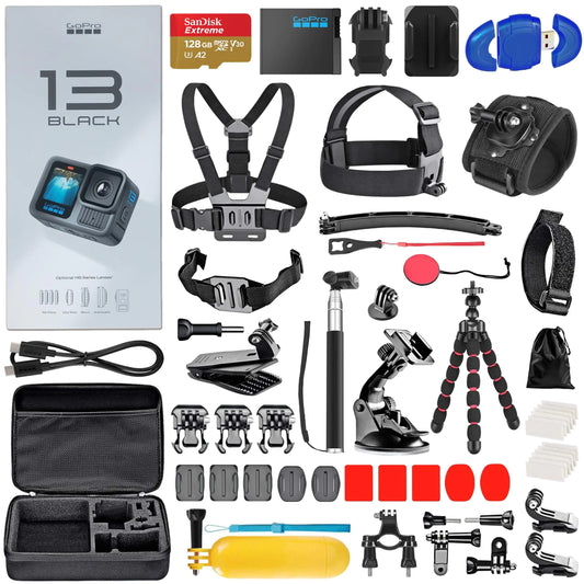 GoPro HERO13 (Hero 13) Black - Waterproof Action Camera with 5.3K 27MP Photos Live Streaming Webcam Stabilization + 128GB Card Card Reader 50 Piece Accessory Kit - Bundle