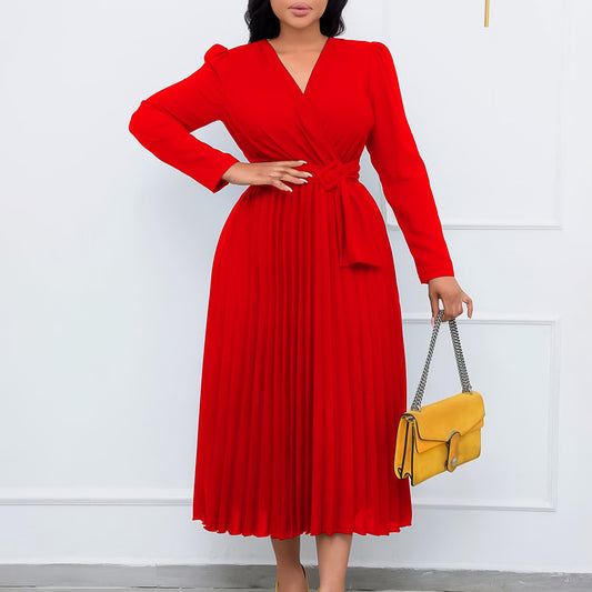 Long Sleeve Lace-up Solid Color And V-neck Slim-fit Pleated Africa Dress